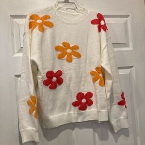 Floral Patterned White Sweater